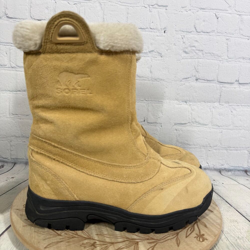 Sorel Waterfall Snow Boots Women Size 8 Tan Suede Insulated Faux Fur Waterproof